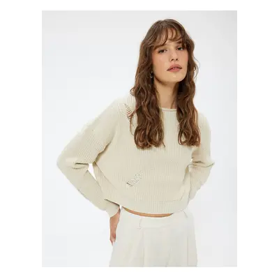 Koton Frayed Detail Knit Sweater Boat Neck Long Sleeve