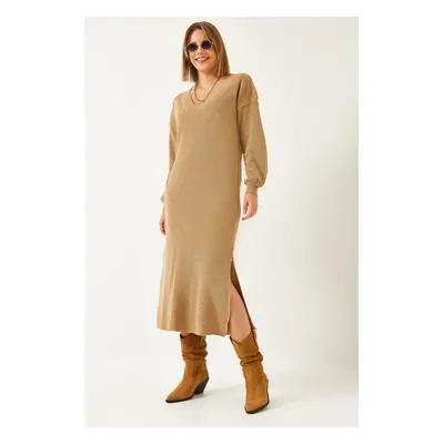 Bianco Lucci Women's V Neck Elastic Sleeves Long Knit Dress