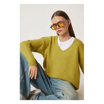 Happiness İstanbul Women's Oil Green V-Neck Knitwear Sweater