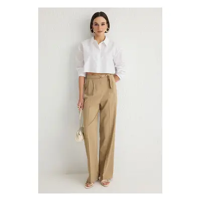 Trendyol Beige Straight/Straight Cut Belt Detail Woven Trousers