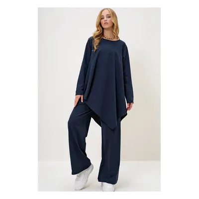 Trend Alaçatı Stili Women's Navy Blue Modal Fabric Crew Neck Asymmetric Cut Long Tunic and Trous