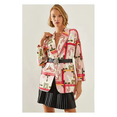 Bianco Lucci Women's Lined Belted Patterned Blazer Jacket