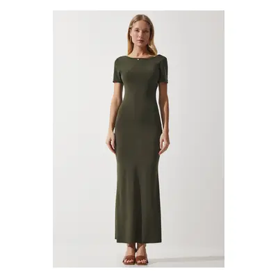 Happiness İstanbul Women's Khaki Low-cut Long Sandy Knitted Dress