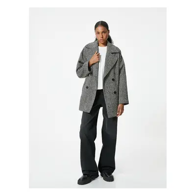 Koton Double Breasted Coat with Buttoned Herringbone Pattern and Pocket Detail