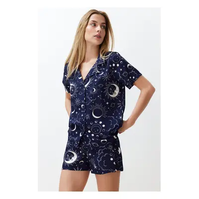 Trendyol Navy Blue Galaxy Patterned Viscose Shorts Woven Pajama Set