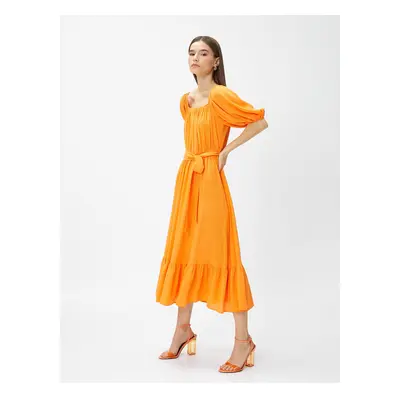 Koton Layered Midi Length Dress With Open Shoulder Belt