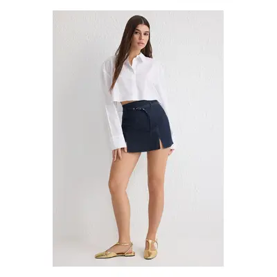 Trendyol Navy Blue Belted Slit Detail High Waist Denim Shorts Skirt