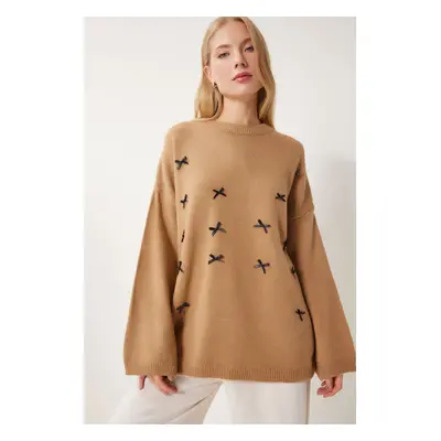 Happiness İstanbul Women's Biscuit Bow Detail Oversize Knitwear Sweater