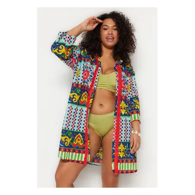 Trendyol Curve Multicolored Ethnic Patterned Woven Beachwear Plus Size Shirt