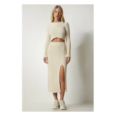 Happiness İstanbul Women's Cream Ribbed Crop Skirt Knitwear Suit