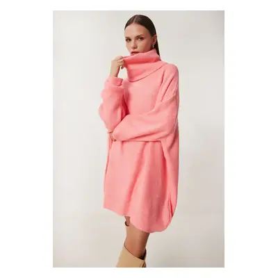 Happiness İstanbul Women's Pink Turtleneck Long Knit Sweater