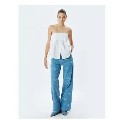 Koton Wide Leg Jeans Standard Waist Bowknot Patterned Buttoned Pocket - Wide Leg Jeans