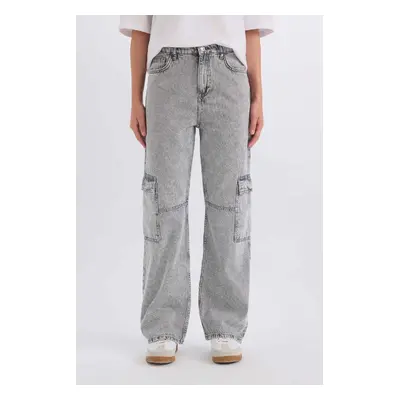 DEFACTO 90's Wide Leg High Waist Straight Leg Long Jean Washed Trousers