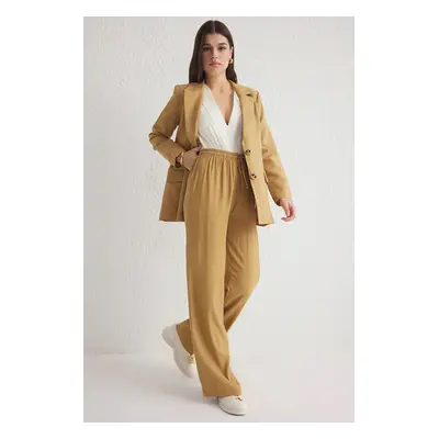 Trendyol Camel Jacquard Elastic Waist Wide Leg Trousers