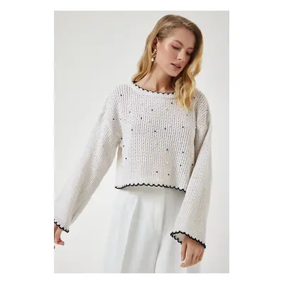 Happiness İstanbul Women's Cream Pearls Openwork Seasonal Crop Knitwear Sweater