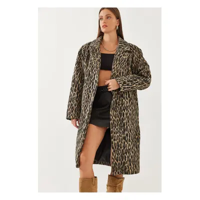 Bianco Lucci Women's Leopard Patterned Double Breasted Cashmere Coat