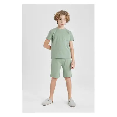 DEFACTO Boy's Waffle Short Sleeve Pajama Set with Shorts