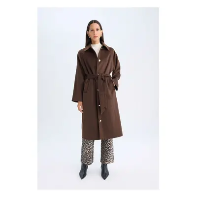 DEFACTO Relax Fit Long Cashmere Coat Polo Collar Buttoned Belt Pocket