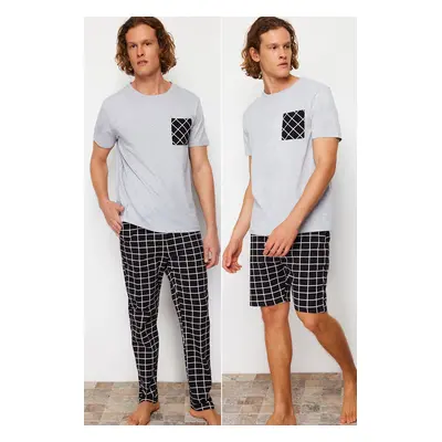 Trendyol 3-Piece Black Plaid Patterned Regular Fit Knitted Pajamas Set