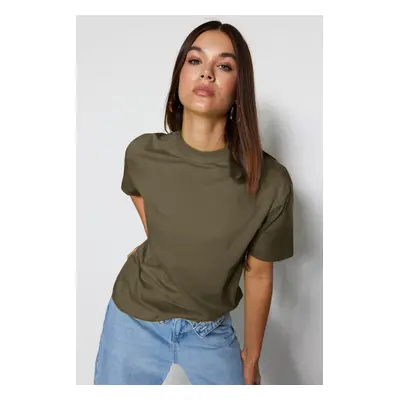 Trendyol Dark Oil Green 100% Cotton Basic Stand Collar Knitted T-Shirt