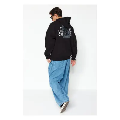 Trendyol Black Oversize/Wide Cut Hooded Long Sleeve Back Text Printed Sweatshirt