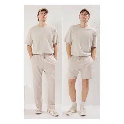 Trendyol Stone 3-Piece Oversize/Wide Cut T-Shirt, Sweatpants, Shorts 100% Cotton Tracksuit Set