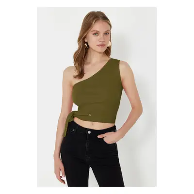 Trendyol Oil Green One Shoulder Fitted/Body-Sit Tie Detail Ribbed Knitted Blouse