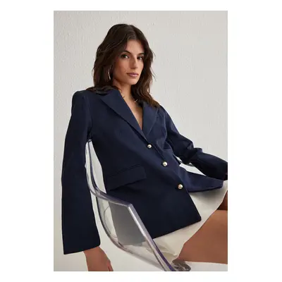 Trendyol Navy Blue Fitted Gabardine Button Detailed Blazer Jacket