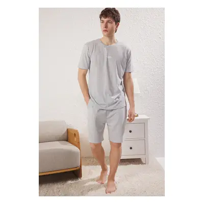 Trendyol Grey Regular Fit Printed / Striped Shorts Knitted Pajama Set