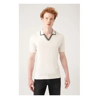 Avva Men's White Buttonless Placket Stripe Detailed Ribbed Knit T-shirt