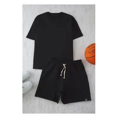 Trendyol Black Oversized Thick 100% Cotton T-shirt Shorts Piece Tracksuit Set