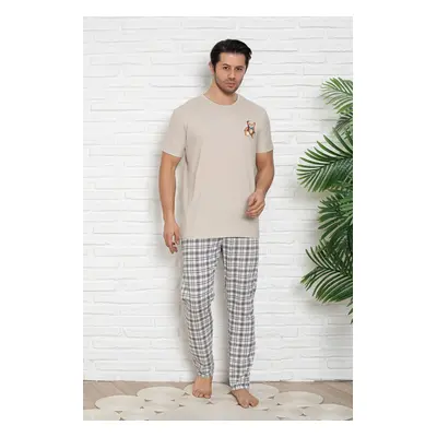 Trendyol Beige Regular Fit Teddy Bear Printed Plaid Knitted Pajama Set