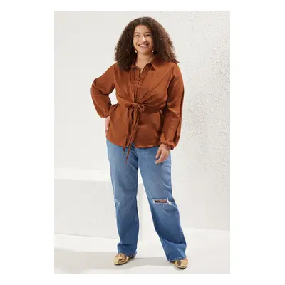 Trendyol Curve Brown Long Sleeve Waist Tie Detailed Fine Weaving Plus Size Shirt