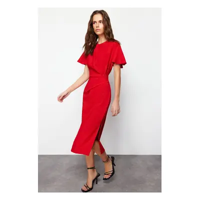 Trendyol Red Straight Cut Gathered Midi Woven Dress