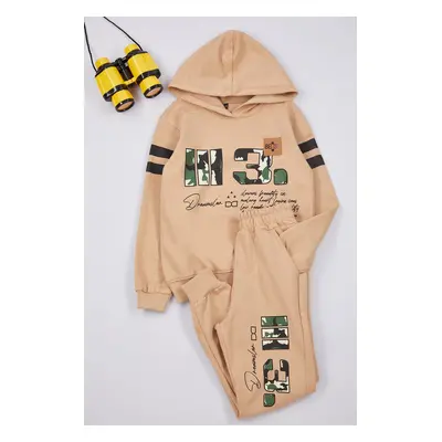 Trendyol Beige Boy Seasonal-Thin Hooded Slogan Printed Knitted Bottom-Top Set