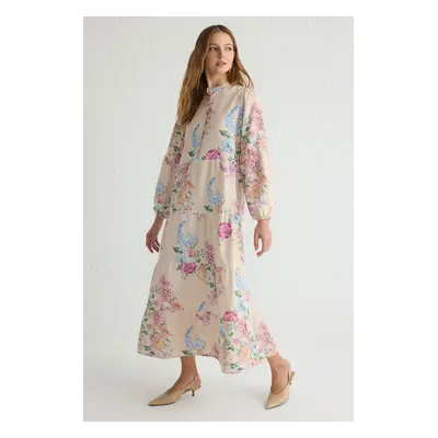 Trendyol Pink Unlined Floral Woven Linen Look Hijab Dress