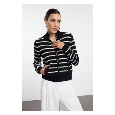 Trendyol Black Striped Stand Collar Knitwear Cardigan