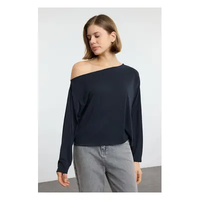 Trendyol Anthracite 100% Modal Fabric Boat Neck Relaxed/Comfortable Cut Knitted Blouse