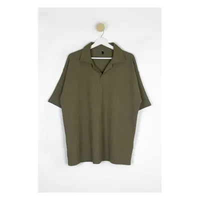 Trendyol Khaki Oversize/Wide Cut Burlesque Textured Premium Quality Polo Neck T-shirt