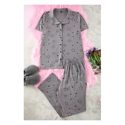 Trendyol Curve Grey Melange Star Patterned Shirt Collar Knitted Pajama Set