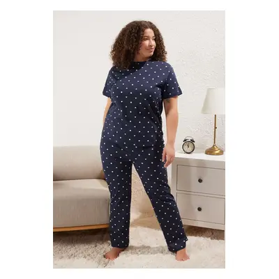 Trendyol Curve Navy Blue Heart Patterned Knitted Pajama Set