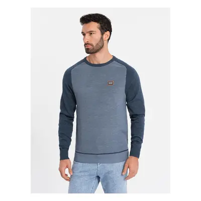 Ombre Cotton men's sweater with patch and raglan sleeves - navy blue