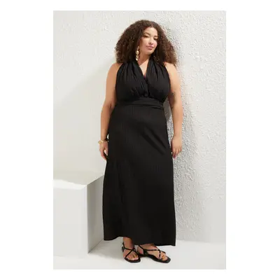 Trendyol Curve Black Linen Blend Maxi Length V Neck Plus Size Beach Dress