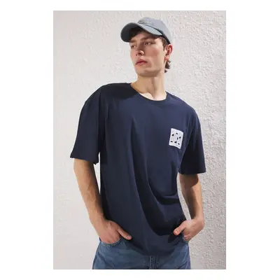 Trendyol Navy Blue Oversize/Wide Cut Puffy Back Printed 100% Cotton T-Shirt