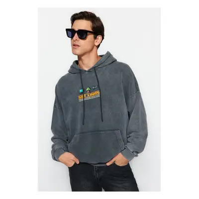 Trendyol Anthracite 100% Cotton Oversize/Wide Cut Game Printed Sweatshirt with Aged/Faded Effect