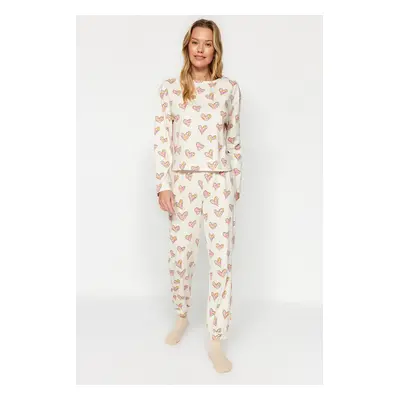 Trendyol Cream 100% Cotton Heart Tshirt-Jogger Knitted Pajama Set