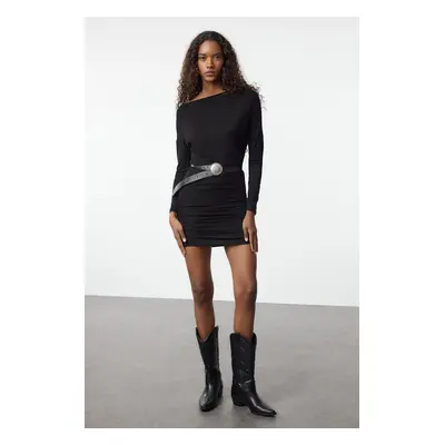 Trendyol Black Asymmetrical Neck Bodycone/Fits on Body Mini Knit Dress