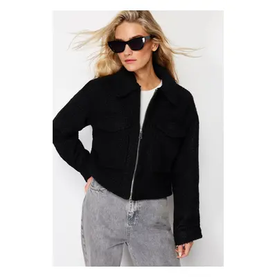 Trendyol Black Regular Pattern Boucle Crop Thin Coat