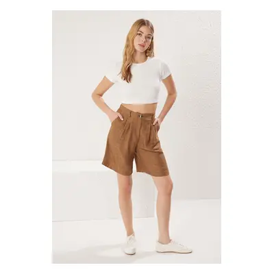 Trendyol Brown High Waist Linen Look Wide Leg Shorts Shorts & Bermuda