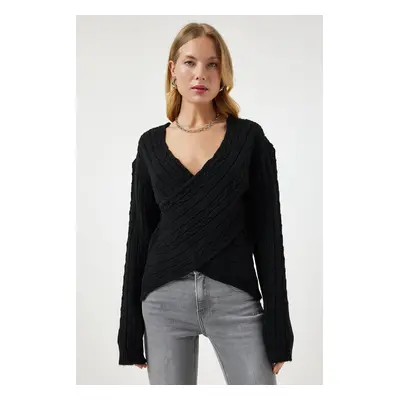 Happiness İstanbul Women's Black Wrap Collar Seasonal Knitwear Sweater